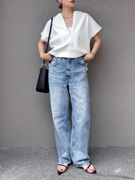 「Emma Taylor（エマテイラー）の【着ごこちシリーズ】フロント2WAYファスナーライトダンボールPO（Tシャツ/カットソー、ホワイト系）」を使った、STYLEDOORさん（レディース・165cm）の夏コーディネート