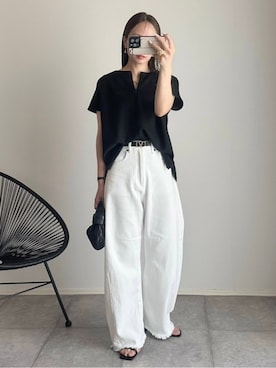 「Emma Taylor（エマテイラー）の【着ごこちシリーズ】フロント2WAYファスナープルオーバー（Tシャツ/カットソー、ブラック系）」を使った、STYLEDOORさん（レディース・165cm）の夏コーディネート