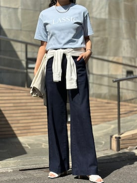 「Emma Taylor（エマテイラー）の【新色追加！】シルクタッチスムース大人ロゴプリントTシャツ（Tシャツ/カットソー、ブルー系）」を使った、STYLEDOORさん（レディース・157cm）の春コーディネート