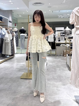 「Heather（ヘザー）のＷリボンミュールパンプス　631328（パンプス、ホワイト系）」を使った、ちなさん（レディース・159cm）の夏コーディネート