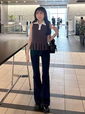 「Heather（ヘザー）のリボンショルダーBAG　129447（ショルダーバッグ、ブラック系）」を使った、ちなさん（レディース・159cm）の夏コーディネート