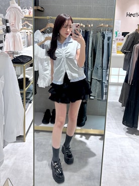 「Heather（ヘザー）のボリュームソールマニッシュ　640672（ローファー、ブラック系）」を使った、ちなさん（レディース・159cm）の夏コーディネート