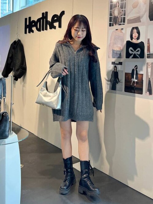 Heather（ヘザー）の「オフショルZIPニットミニワンピース