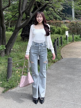 「Heather（ヘザー）のＷリボンミュールパンプス　631328（パンプス、ブラック系）」を使った、ちなさん（レディース・159cm）の春コーディネート