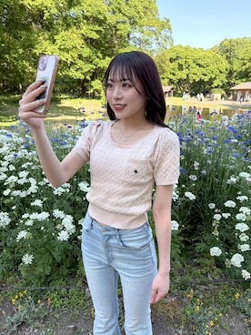 「Heather（ヘザー）の【脚長×美脚を叶える、Heatherの新定番】ISKOフレアデニムパンツ　575793（デニムパンツ、ブルー系）」を使った、ちなさん（レディース・159cm）の春コーディネート