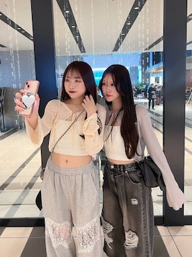 「Heather（ヘザー）のカップツキリブキャミ２　279752（キャミソール、ホワイト系）」を使った、ちなさん（レディース・159cm）の春コーディネート
