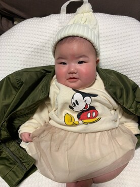 「西松屋（ニシマツヤ）のアイテム（帽子、ホワイト系）」を使った、MAREさん（キッズ・60cm）の冬コーディネート