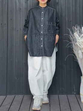 「hunch（ハンチ）の【WEB限定/別注】 バンドカラー オーバーサイズ　デニムシャツ（シャツ/ブラウス）」を使った、naguさん（レディース・153cm）の秋コーディネート