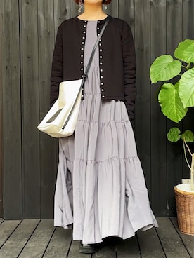 「Libra Cue（リブラ キュー）のティアードエアリーボリュームワンピース（ワンピース）」を使った、naguさん（レディース・153cm）の秋コーディネート