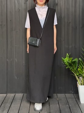 「ANGIE（アンジー）のリネンタッチVネックワンピース（ワンピース）」を使った、naguさん（レディース・153cm）の夏コーディネート