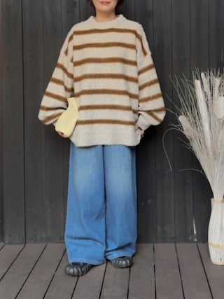 「pocket（ポケット）の起毛ボーダーニットプルオーバー（ニット/セーター）」を使った、naguさん（レディース・153cm）の秋コーディネート