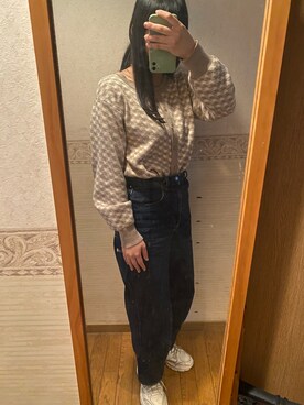 「GU（ジーユー）のアイテム（デニムパンツ、ブルー系）」を使った、とぅんさん（レディース・158cm）の冬コーディネート