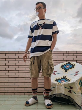 「Abercrombie&Fitch（アバークロンビーアンドフィッチ）のアイテム（パンツ）」を使った、金旺さん（メンズ・179cm）の夏コーディネート