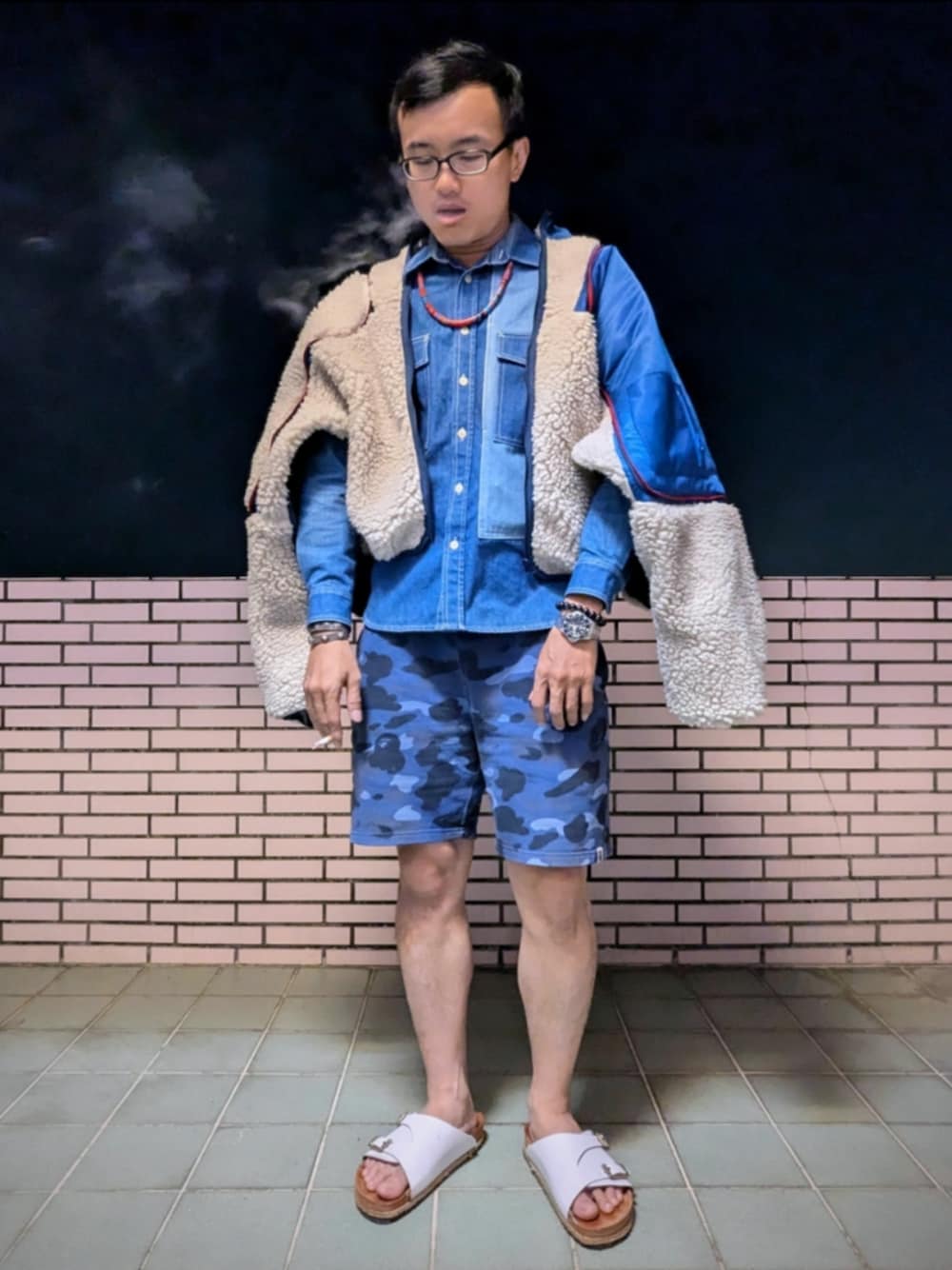 「KAPITAL、fleece jacket、camo、yuketen」｜「KAPITALのアイテム（ナイロンジャケット、ベージュ系）」を使った、金旺さん（メンズ・179cm）の冬コーディネートの1枚目の写真