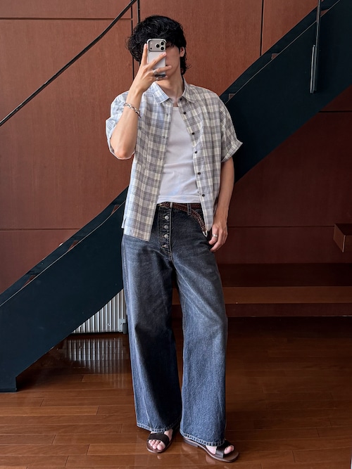「Bleme（ブレム）のヴィンテージデザイン 短丈 コットンチェックシャツ（シャツ/ブラウス）」を使った、  風早ゆうたさん（メンズ・184cm）の夏コーディネート