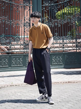 FRED PERRY ネイビー メンズポロシャツ L 夏コーデに　美品 FRED PERRY 「FRED PERRY」 半袖ポロシャツ MEDIUM ネイビー