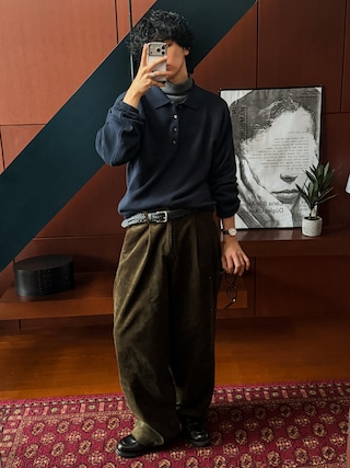 「Bleme(ブレム)のクラシック ハイゲージ ポロニット(ポロシャツ)」を使った、 風早ゆうたさん(メンズ・184cm)の秋コーディネート