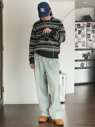 「Bleme（ブレム）のヘビーツイル ワイドストレート ダブルインタック グルカチノパンツ / ヴィンテージ加工 グルカデニムパンツ（デニムパンツ）」を使った、  風早ゆうたさん（メンズ・184cm）の春コーディネート