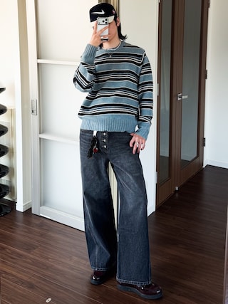 「Bleme（ブレム）の100%ウール ヴィンテージ配色 マルチボーダーニット（ニット/セーター）」を使った、  風早ゆうたさん（メンズ・184cm）の春コーディネート
