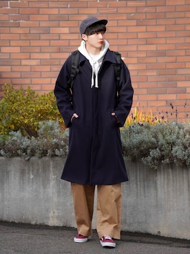 「チェック柄に恋してる」｜「アイテム（ステンカラーコート）」を使った、  風早ゆうたさん（メンズ・184cm）の冬コーディネート