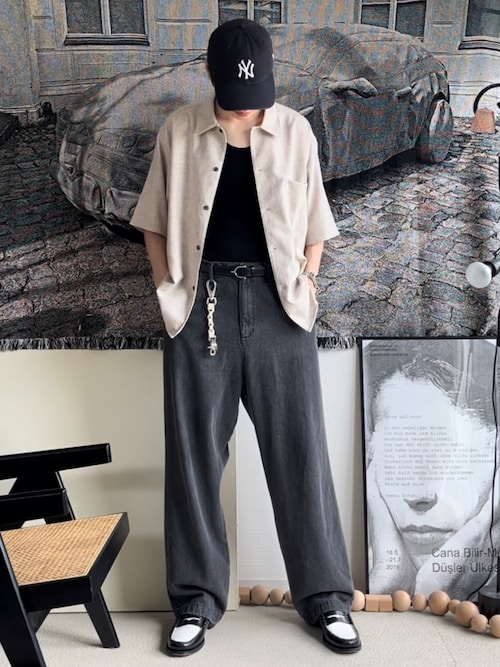 ベルテッドデニム　ワイドスラックス　デニムパンツ