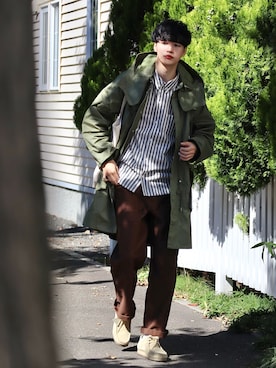 「UNIQLO U」｜「アイテム（モッズコート）」を使った、  風早ゆうたさん（メンズ・184cm）の秋コーディネート