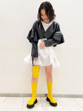 「イエローコーデ」｜「アイテム（ノーカラージャケット）」を使った、Yumiさん（レディース・154cm）の秋コーディネート