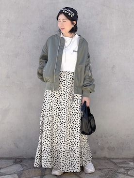 「ニットキャップ」｜「アイテム（MA-1）」を使った、tingtingさん（レディース・153cm）の冬コーディネート