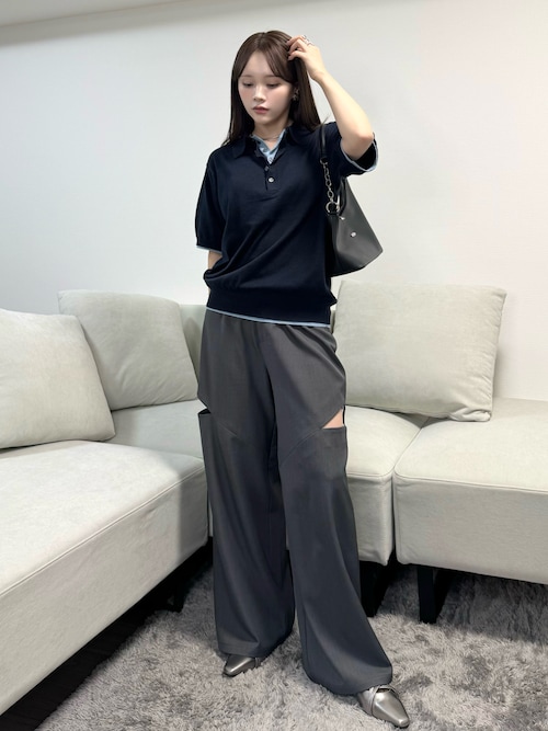 「Adoon plain（アドーンプレーン）のLayered Summer Knit Polo Shirt/レイヤードサマーニットポロシャツ（ニット/セーター）」を使った、Harukaさん（レディース・158cm）の春コーディネート