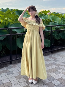 「SNIDEL（スナイデル）のスモッキングキャミワンピース（ワンピース）」を使った、Harukaさん（レディース・158cm）の夏コーディネート