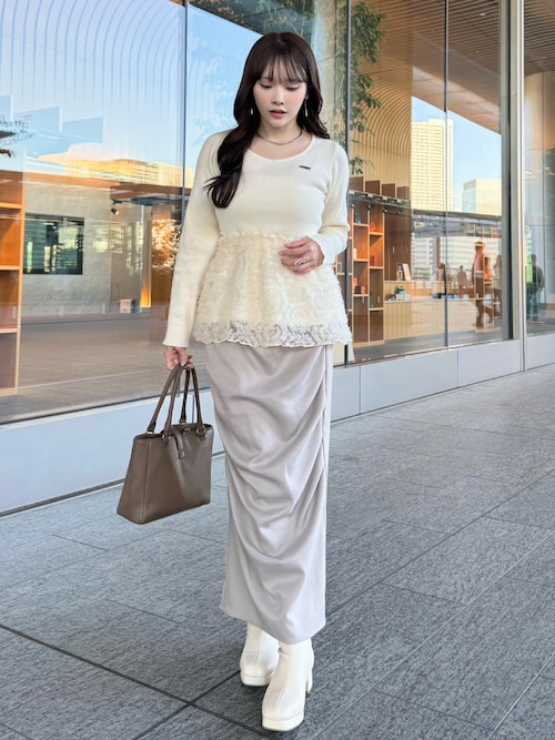 「Elishe(エリシェ)のウールライクドレープロングスカート(スカート)」を使った、Harukaさん(レディース・158cm)の秋コーディネート