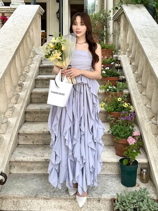 「NOTREemor（ノートルエモア）のdrape ruffle long dress（ワンピース）」を使った、Harukaさん（レディース・158cm）の夏コーディネート