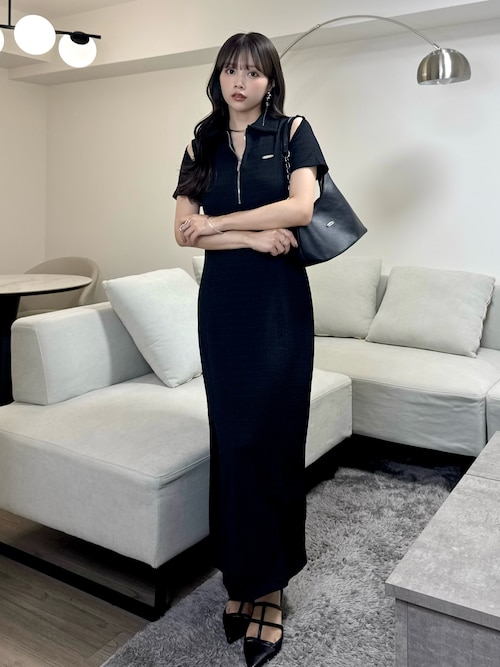 「Elishe（エリシェ）のハーフジップジャガードロングワンピース（ワンピース）」を使った、Harukaさん（レディース・158cm）の夏コーディネート