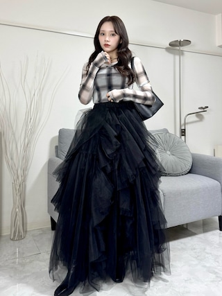 「SORIN(ソリン )のSheer Check 2Way Top/シアーチェック 2WAYトップ(Tシャツ/カットソー)」を使った、Harukaさん(レディース・158cm)の冬コーディネート