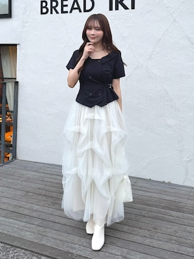 「Elishe（エリシェ）のトレンチデザインブラウス（シャツ/ブラウス、ブルー系）」を使った、Harukaさん（レディース・158cm）の春コーディネート