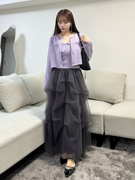 「Elishe（エリシェ）のカーデ＋キャミニットアンサンブル（カーディガン/ボレロ、パープル系）」を使った、Harukaさん（レディース・158cm）の春コーディネート