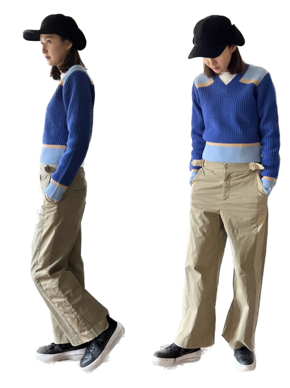 ブルー系のニット/セーター、ベージュ系のパンツ、ブラック系のスニーカーを着用したレディースの冬コーディネートの1枚目の写真