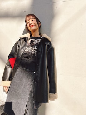 「アイテム（ライダースジャケット）」を使った、スザンヌさん（レディース・165cm）の冬コーディネート