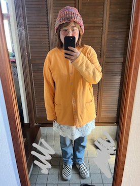 「AMERICAN HOLIC（アメリカンホリック）のドットボタン裏毛カーディガン（カーディガン/ボレロ、オレンジ系）」を使った、MAGOさん（レディース・156cm）の春コーディネート