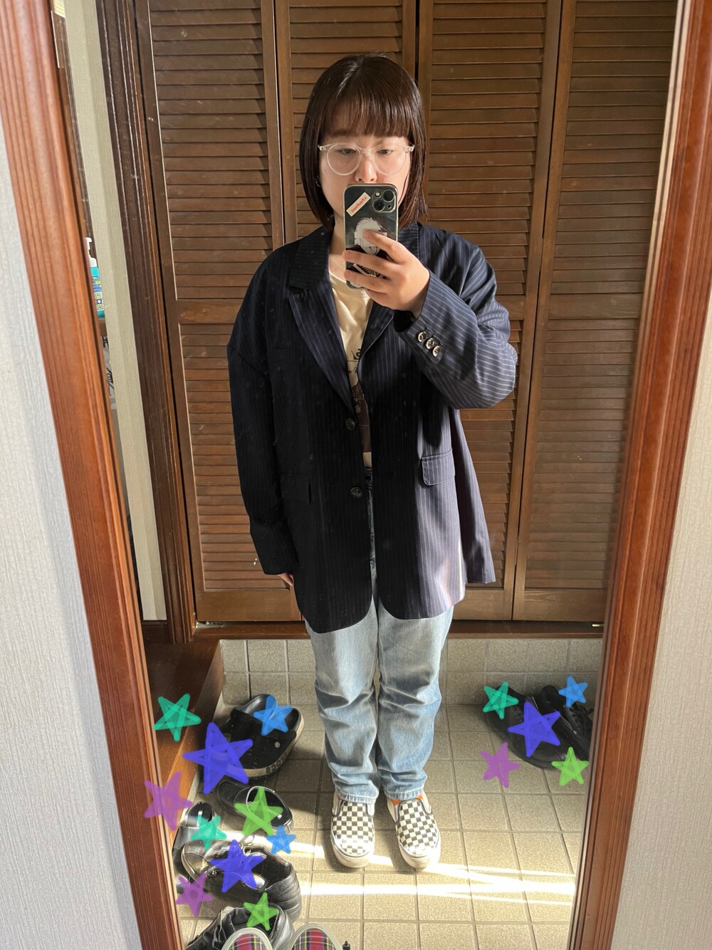 「春、シンプルコーデ、オトナカワイイ、お洒落さんとつながりたい、休日スタイル、スニーカーコーデ、ootd、今日のコーデ、春服デビュー宣言」｜「KBFのオーバーサイズメンズジャケット（テーラードジャケット、ブルー系）」を使った、MAGOさん（レディース・156cm）の春コーディネートの1枚目の写真