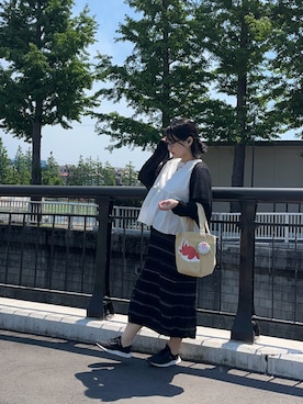 「SENSE OF PLACE by URBAN RESEARCH（センスオブプレイスバイアーバンリサーチ）のマルチボーダーニットスカート（スカート、ブラック系）」を使った、R！さん（レディース・157cm）の春コーディネート