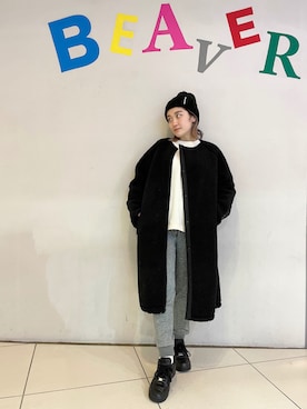 「MANASTASH（マナスタッシュ）のアイテム（ノーカラーコート）」を使った、リナリナ～さん（レディース・158cm）の冬コーディネート