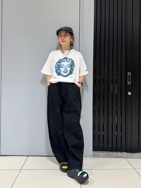 「Schott（ショット）のSchott/ショット/MARILYN MONROE MONOCHROME T-SHIRT/マリリンモンロー モノクローム Tシャツ（Tシャツ/カットソー、ホワイト系）」を使った、リナリナ～さん（レディース・158cm）の夏コーディネート