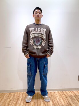 「XLARGE（エクストララージ）のEMBLEM LOGO CREWNECK KNIT（ニット/セーター、ブラウン系）」を使った、そういちろーさん（メンズ・175cm）の秋コーディネート