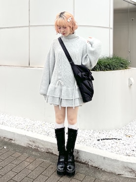 「merry jenny（メリージェニー）のレースアップチュニックニット（ニット/セーター、グレー系）」を使った、sumomoさん（レディース・156cm）の秋コーディネート