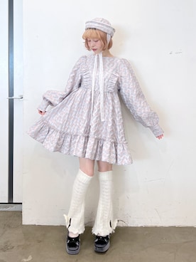 「merry jenny（メリージェニー）のfrill petit Jacquardミニワンピース（ワンピース、ブルー系）」を使った、sumomoさん（レディース・156cm）の秋コーディネート