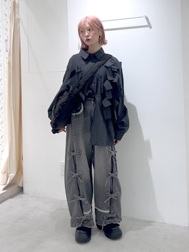 「merry jenny（メリージェニー）のbon bon ribbon shirt（シャツ/ブラウス、グリーン系）」を使った、sumomoさん（レディース・156cm）の夏コーディネート