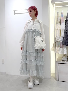 「merry jenny（メリージェニー）のflower dream dress（ワンピース、ブルー系）」を使った、sumomoさん（レディース・156cm）の秋コーディネート