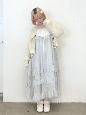 「merry jenny（メリージェニー）のflower dream dress（ワンピース、ブルー系）」を使った、sumomoさん（レディース・156cm）の秋コーディネート