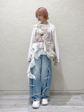 「merry jenny（メリージェニー）のフードレーストップス（Tシャツ/カットソー、ホワイト系）」を使った、sumomoさん（レディース・156cm）の夏コーディネート
